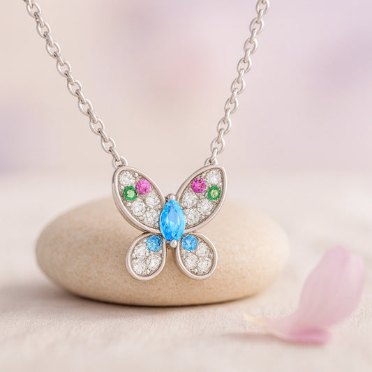 Rhodium Plated Silver Butterfly Pendant with Multicolor Stones & Sparkling CZ