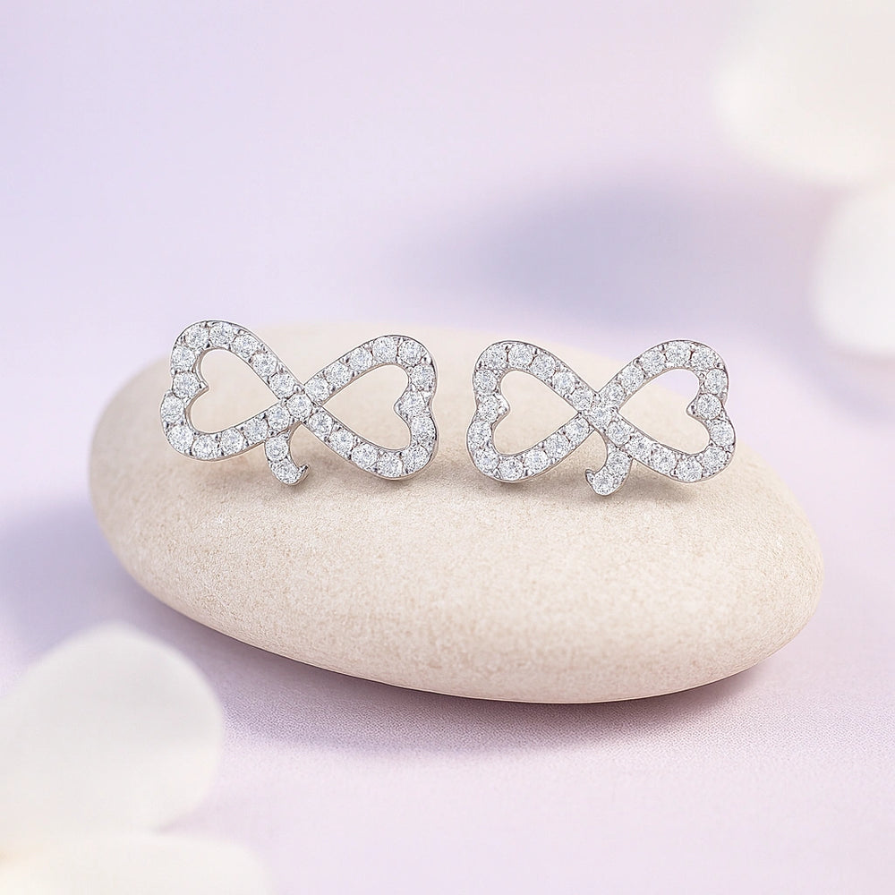 Rhodium Plated Silver Heart Bow Ear Cuffs with Sparkling CZ Stones