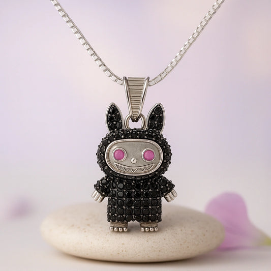 Rhodium Plated Silver Labubu Pendant with Black Stones & Sparkling CZ