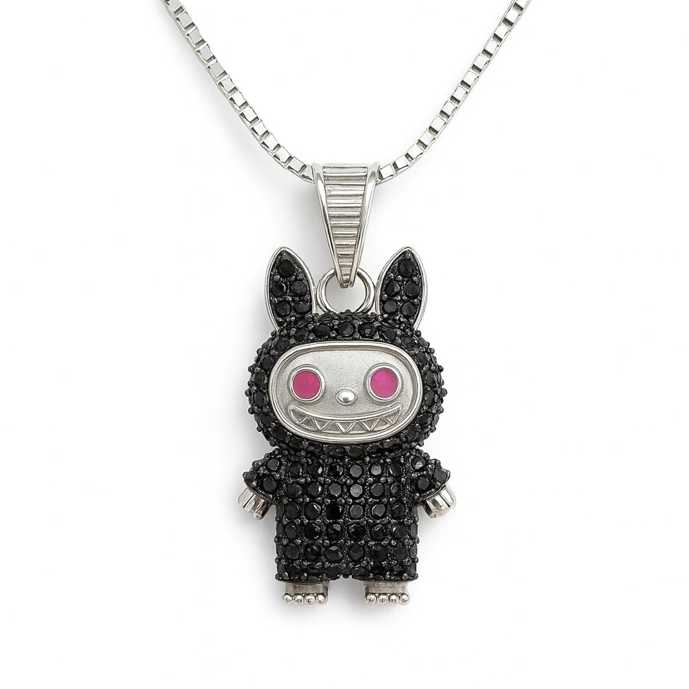 Rhodium Plated Silver Labubu Pendant with Black Stones & Sparkling CZ WB