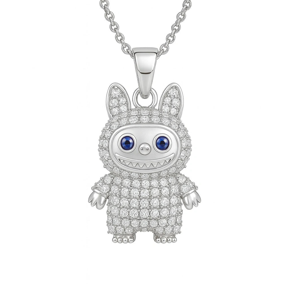 Rhodium Plated Silver Labubu Pendant with Blue Accents & Sparkling CZ Stones WB
