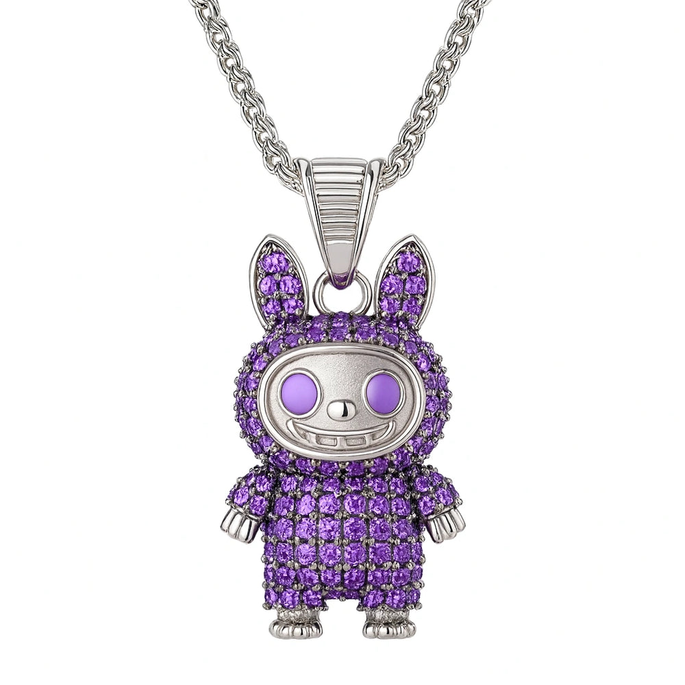 Rhodium Plated Silver Labubu Pendant with Purple Stones & Sparkling CZ WB