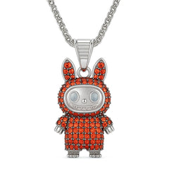 Rhodium Plated Silver Labubu Pendant with Red Stones & Sparkling CZ WB