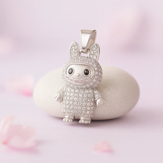 Rhodium Plated Silver Labubu Pendant with Sparkling CZ Stones