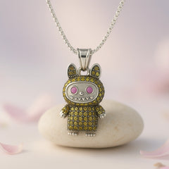 Rhodium Plated Silver Labubu Pendant with Yellow Stones & Sparkling CZ