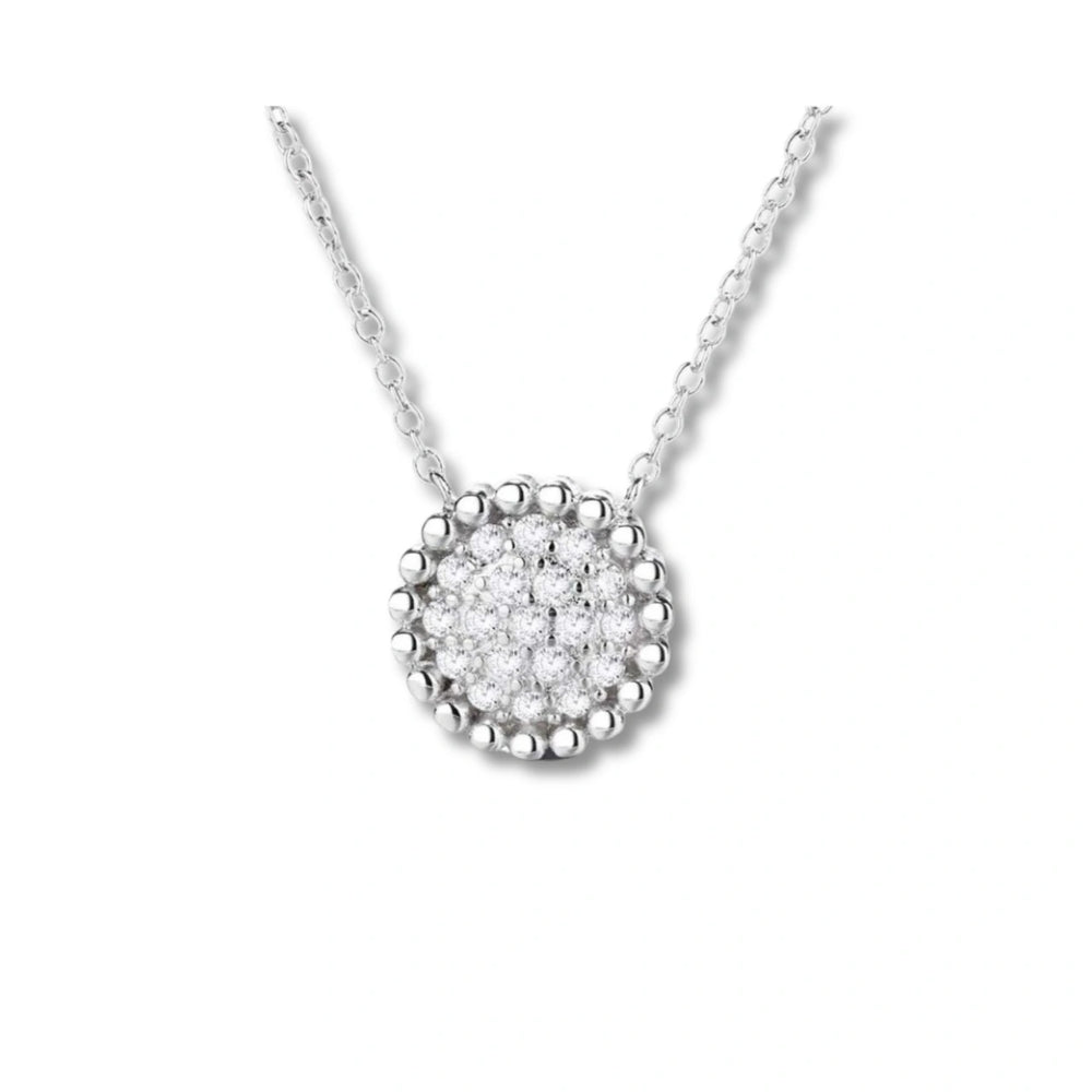 Rhodium Plated Silver Round Pendant with Cluster Sparkling CZ Stones WB