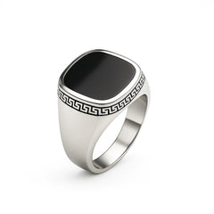 925 Sterling Silver Black Onyx Signet Ring for Men – Greek Key Engraved Statement Ring