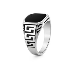 925 Silver Greek Key Black Onyx Men’s Ring