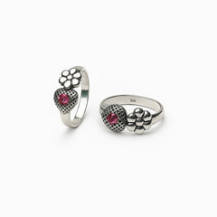 925 Sterling Silver Pink Stone Heart Toe Ring | Antique Floral Design Adjustable Ring