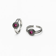 925 Sterling Silver Pink Stone Toe Ring | Adjustable Double Band with Antique Texture
