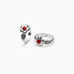 925 Sterling Silver Red Stone Floral Toe Ring | Adjustable Flower & Leaf Design for Women