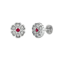 925 Silver Ruby & CZ Floral Stud Earrings for Women