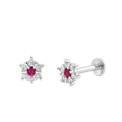 Silver Flower Stud Earrings with Ruby Center Stone