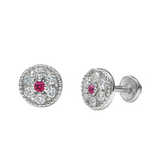 Silver CZ Flower Stud Earrings with Pink Ruby Center