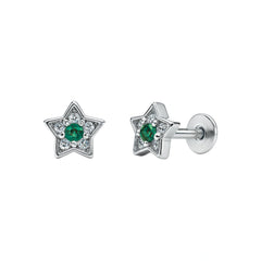 Elegant Silver Green Stone Flower Stud Earrings