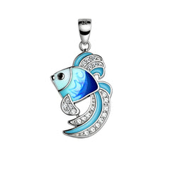 925 Sterling Silver Blue Enamel Fish Pendant with Cubic Zirconia