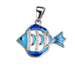 925 Sterling Silver Blue Enamel Fish Pendant with Cubic Zirconia