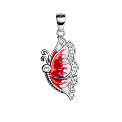 925 Sterling Silver Red Enamel Butterfly Pendant with Cubic Zirconia