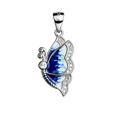 925 Sterling Silver Blue Enamel Butterfly Pendant with Cubic Zirconia