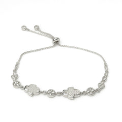 Sterling Silver Adjustable Bracelet with Clover and Round Stone Links