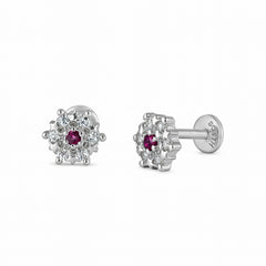 925 Sterling Silver Red CZ Floral Cluster Stud Earrings for Women
