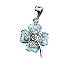 925 Sterling Silver Blue Enamel Four Leaf Clover Pendant with Cubic Zirconia