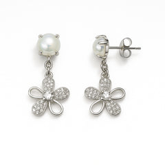925 Sterling Silver Pearl Flower Drop Earrings | CZ Floral Dangle Design for Women