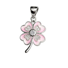 925 Sterling Silver Pink Enamel Four Leaf Clover Pendant with Cubic Zirconia