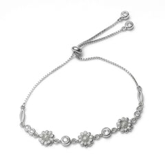 Sterling Silver Adjustable Bracelet with Floral and Stone Link Design