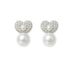 925 Sterling Silver Heart Shape Pearl Drop Earrings with CZ Pave for Women