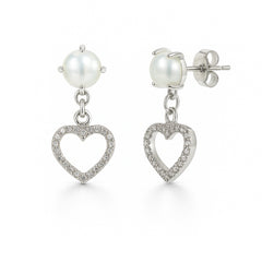 925 Sterling Silver Pearl Heart Drop Earrings | CZ Open Heart Dangle Design for Women