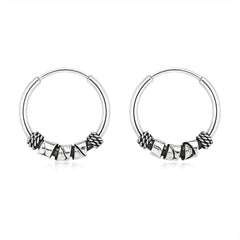 925 Sterling Silver Men’s Bali Hoop Earrings – Oxidized Tribal Beaded Design