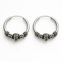 Men’s 925 Silver Bali Earrings – Oxidized Rope Knot & Tribal Pattern Hoop Design