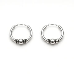 Men’s 925 Silver Simple Bali Earrings – Polished Bead Hoop with Double Spacer Rings