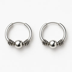 Men’s 925 Silver Bali Earrings – Clean Round Bead Hoop with Triple Ring Detailing