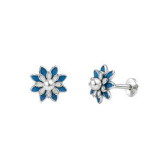 Silver Pearl Blue Enamel Flower Stud Earrings