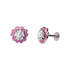 Pink Enamel Floral Pearl Stud Earrings