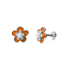 Orange Enamel Floral Pearl Stud Earrings