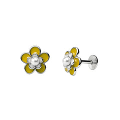 Yellow Enamel Floral Pearl Stud Earrings