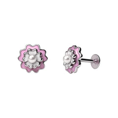 Soft Pink Enamel Floral Pearl Stud Earrings