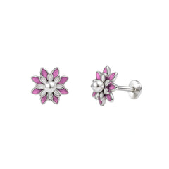 Blush Enamel Floral Pearl Stud Earrings