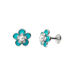 Teal Five-Petal Pearl Stud Earrings