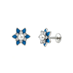 Blue Five-Petal Pearl Stud Earrings