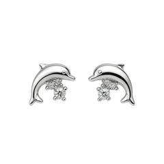 Silver Dolphin Stud Earrings with Sparkling CZ Drop