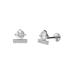 925 Sterling Silver CZ Solitaire Stud Earrings with Bar Accent