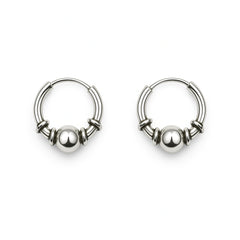 Men’s 925 Silver Bali Earrings – Sleek Bead Hoop with Multi-Ring Spacers