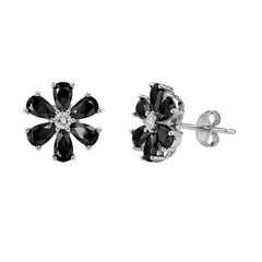 Sterling Silver 925 Black Floral Stud Earrings for Women
