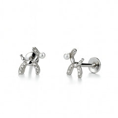 925 Sterling Silver Balloon Dog Pearl CZ Stud Earrings
