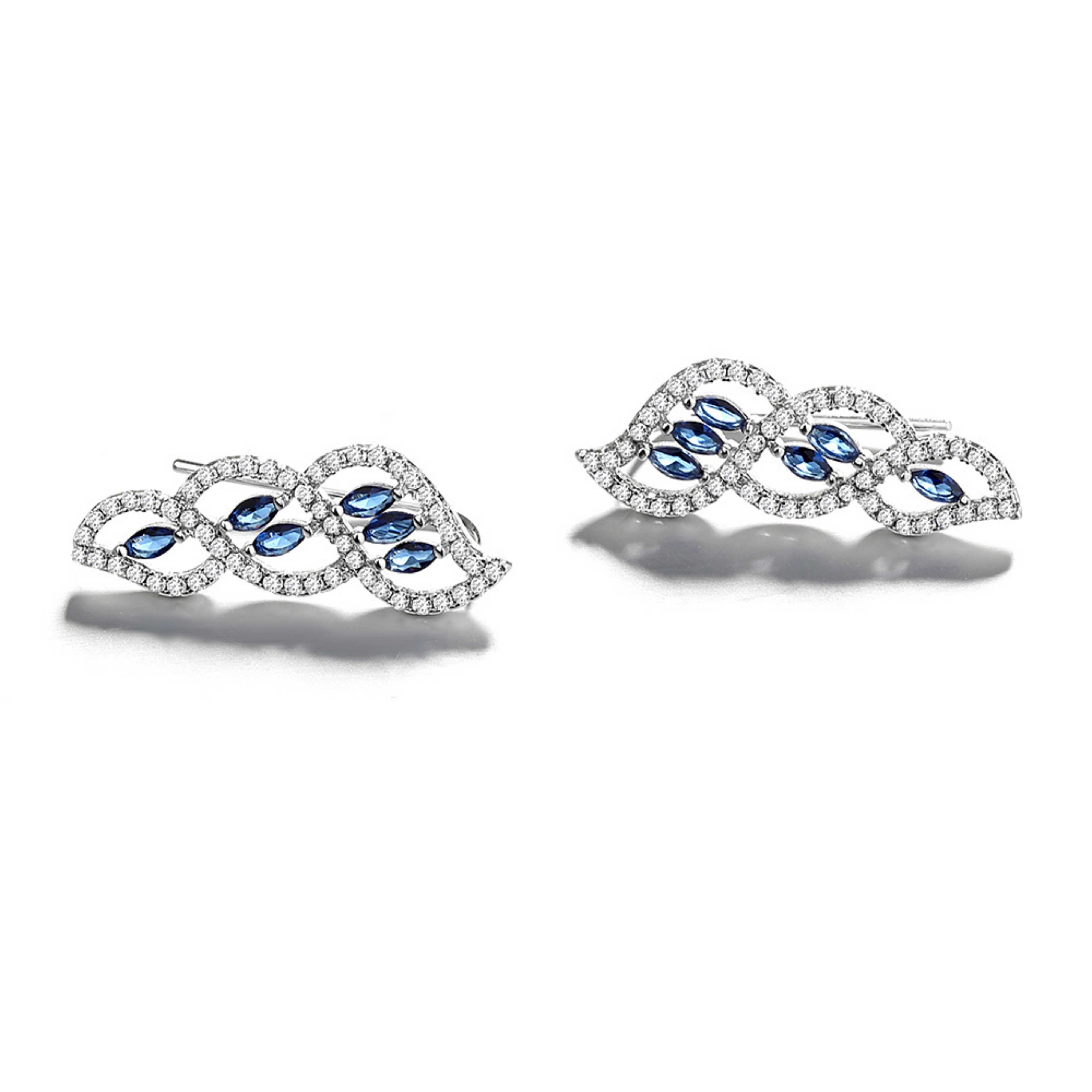 Rhodium Plated Silver Ear Cuffs with Sparkling CZ Blue Stones