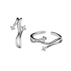 Sterling Silver 925 Wave Adjustable Toe Ring with Clear Zircon